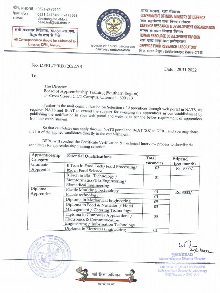 Drdo Dfrl Graduate Diploma Apprentice Posts Notification 2 Pdf
