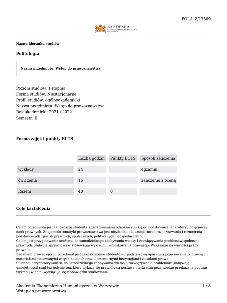 Syllabus-Wstęp Do Prawoznawstwa | PDF