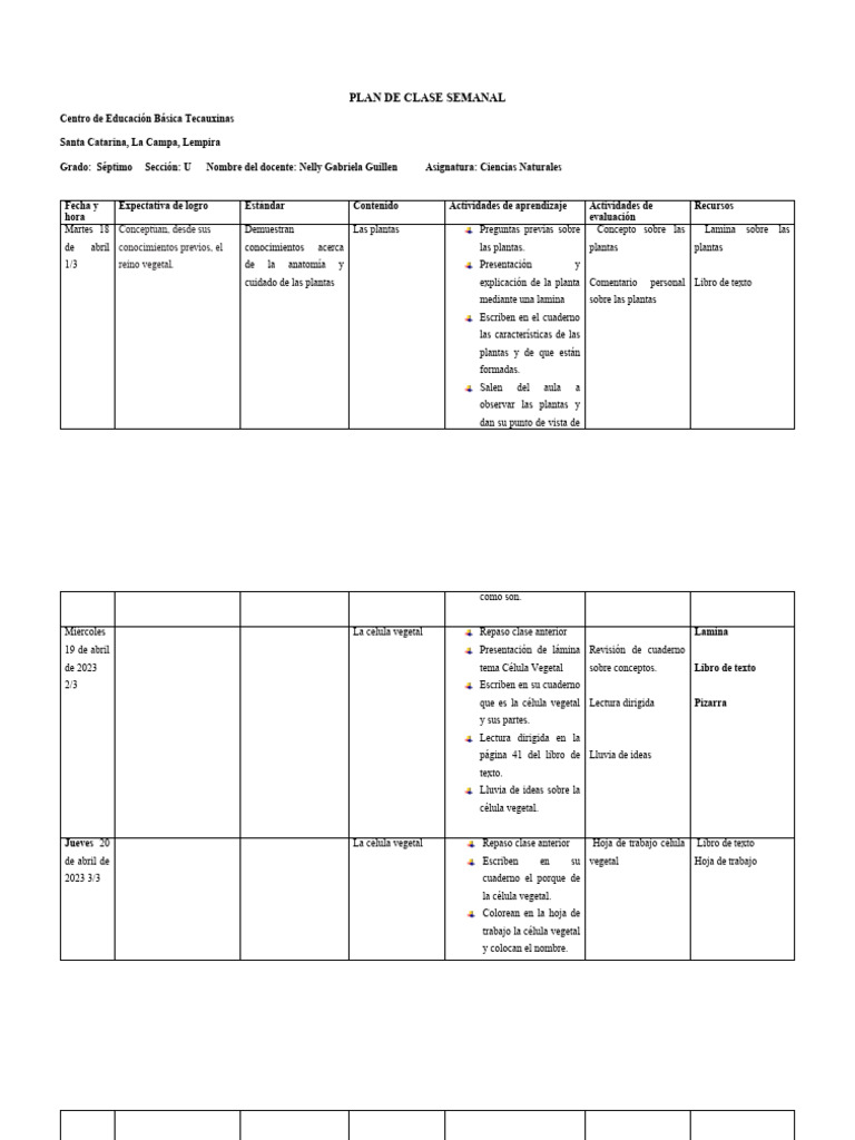 PLAN DE CLASE SEMANAL Ciencias Naturales 3 4 Abril | PDF | Plantas ...