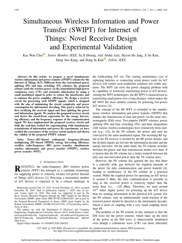 Simultaneous Wireless Information and Power Transfer SWIPT For Internet ...