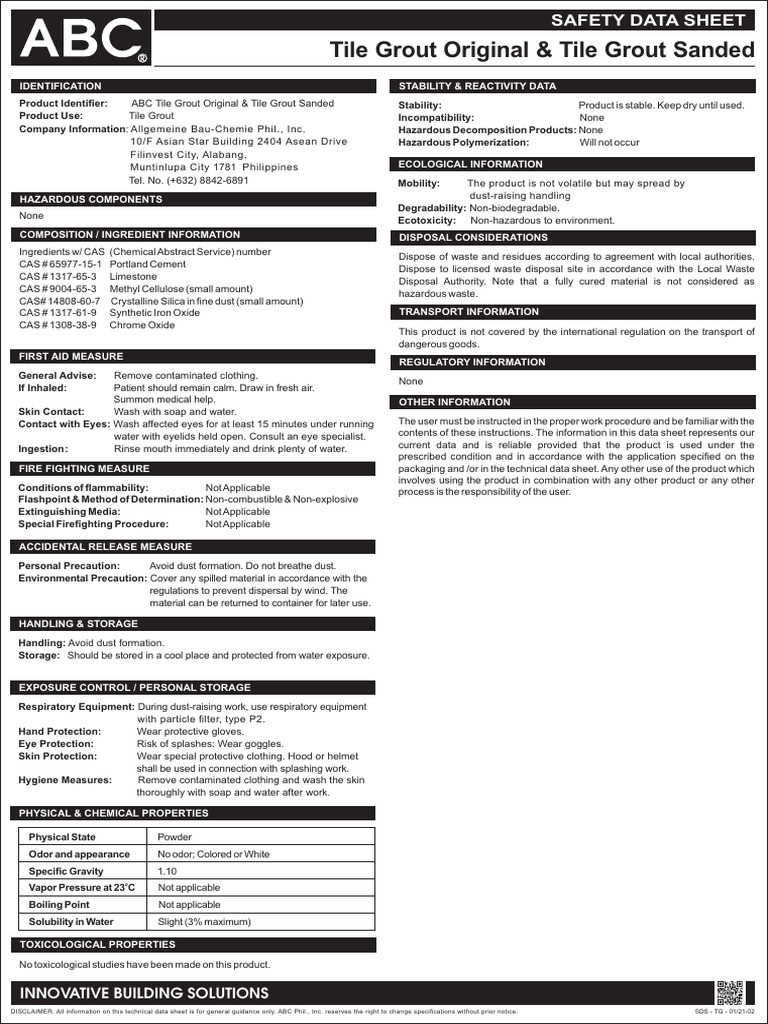 ABC Tile Grout Safety Data Sheet | PDF | Water | Firefighting