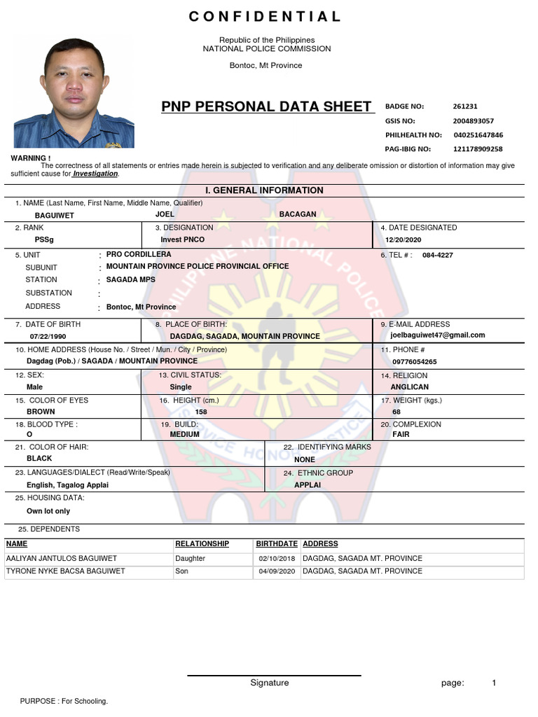 PNP Personal Data Sheet Template | PDF