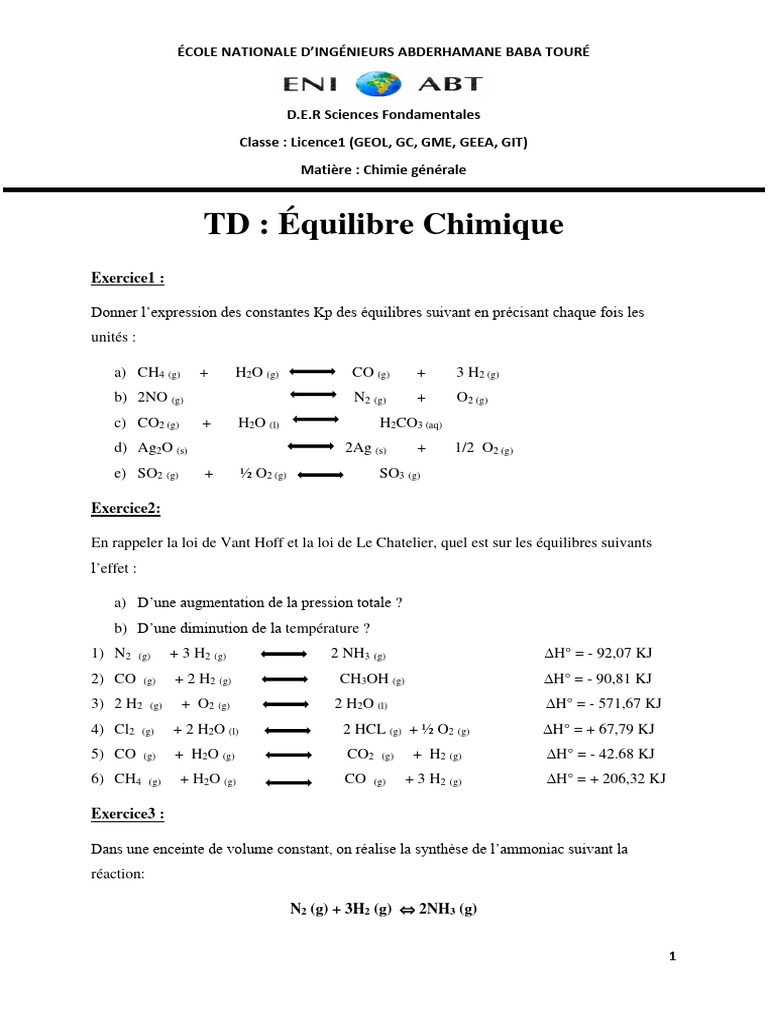 Équilibres chimiques et constantes Kp en TD | PDF | Équilibre chimique ...