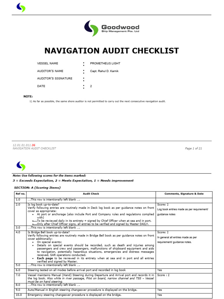 Navigation Audit Checklist for Vessels | PDF | Navigation | Compass
