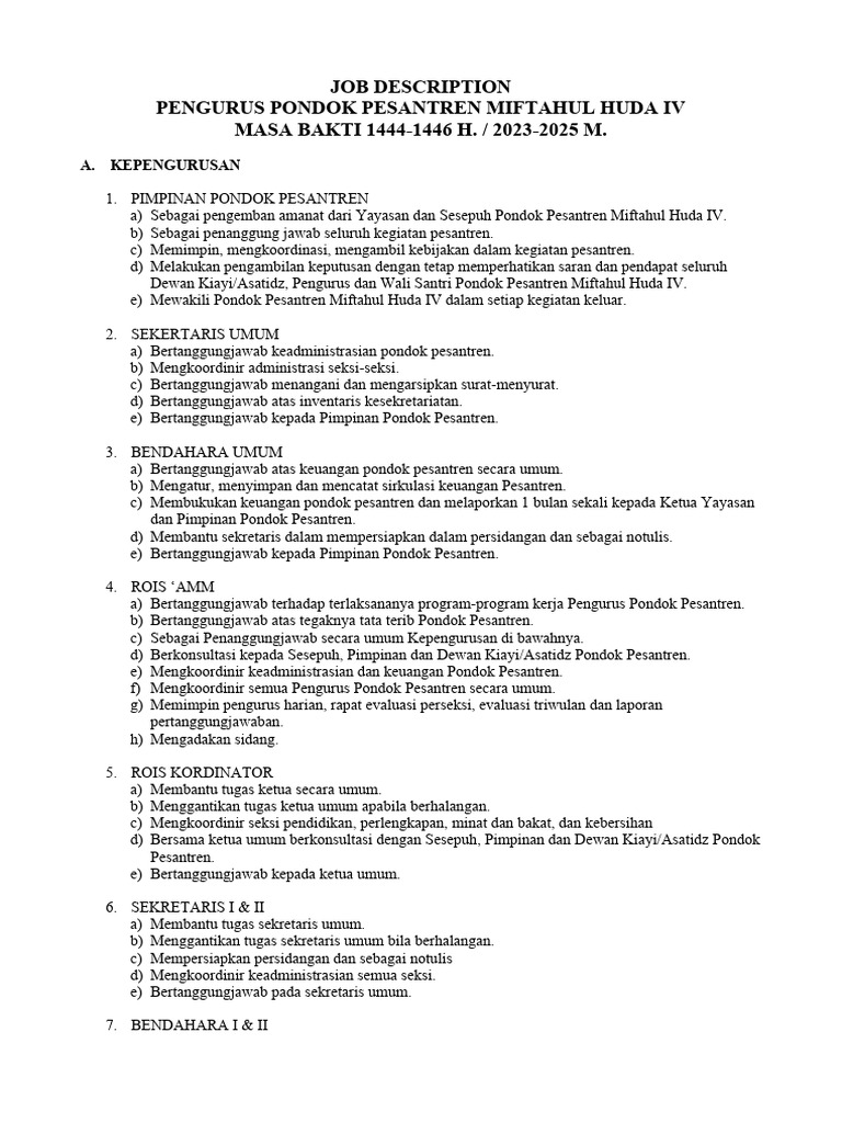 Job Description (Jobdesk) Ponpes | PDF