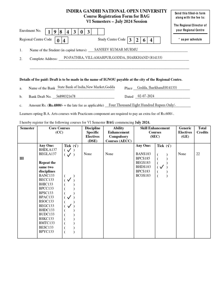 IGNOU BAG Course Registration Form 2024 | PDF | Social Work