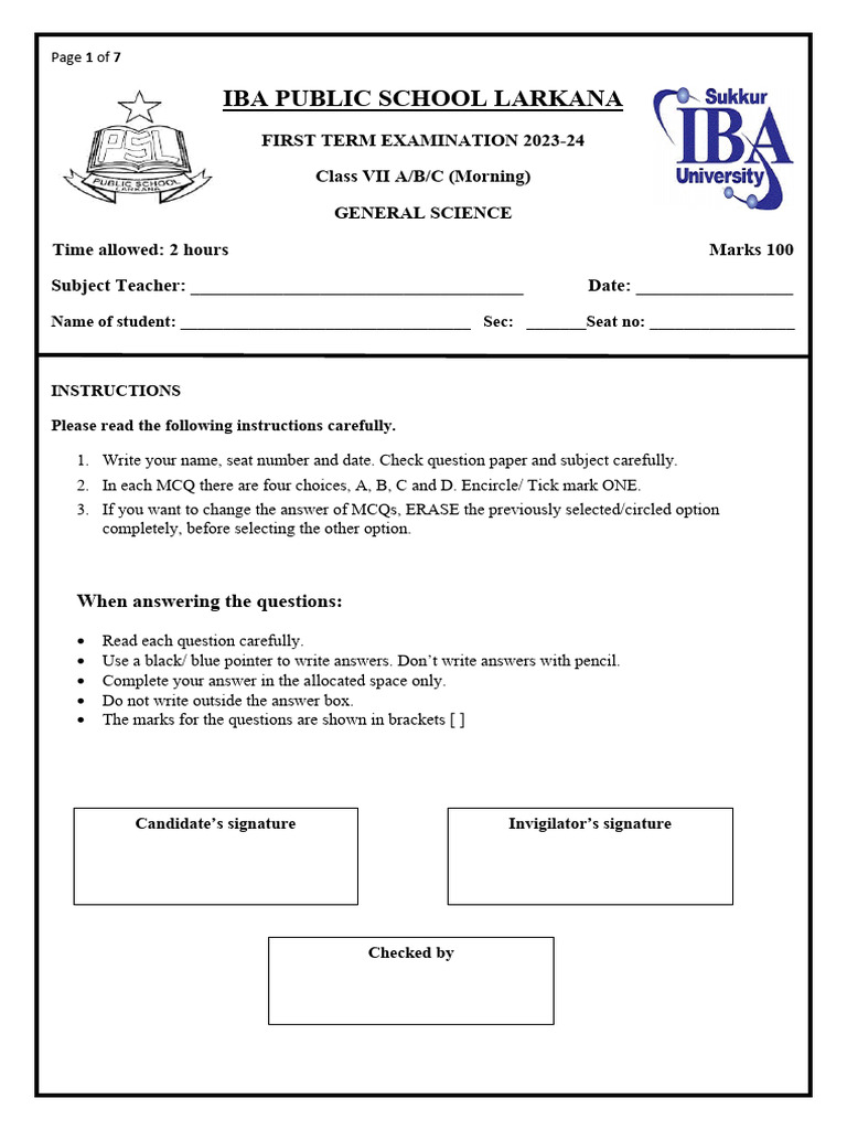 First Term 2023 24 Science Vii Pdf Muscle Atoms