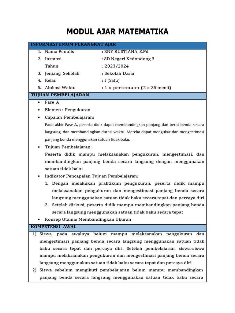 Modul Ajar Matematika Kelas I SD | PDF | Karier & Perkembangan