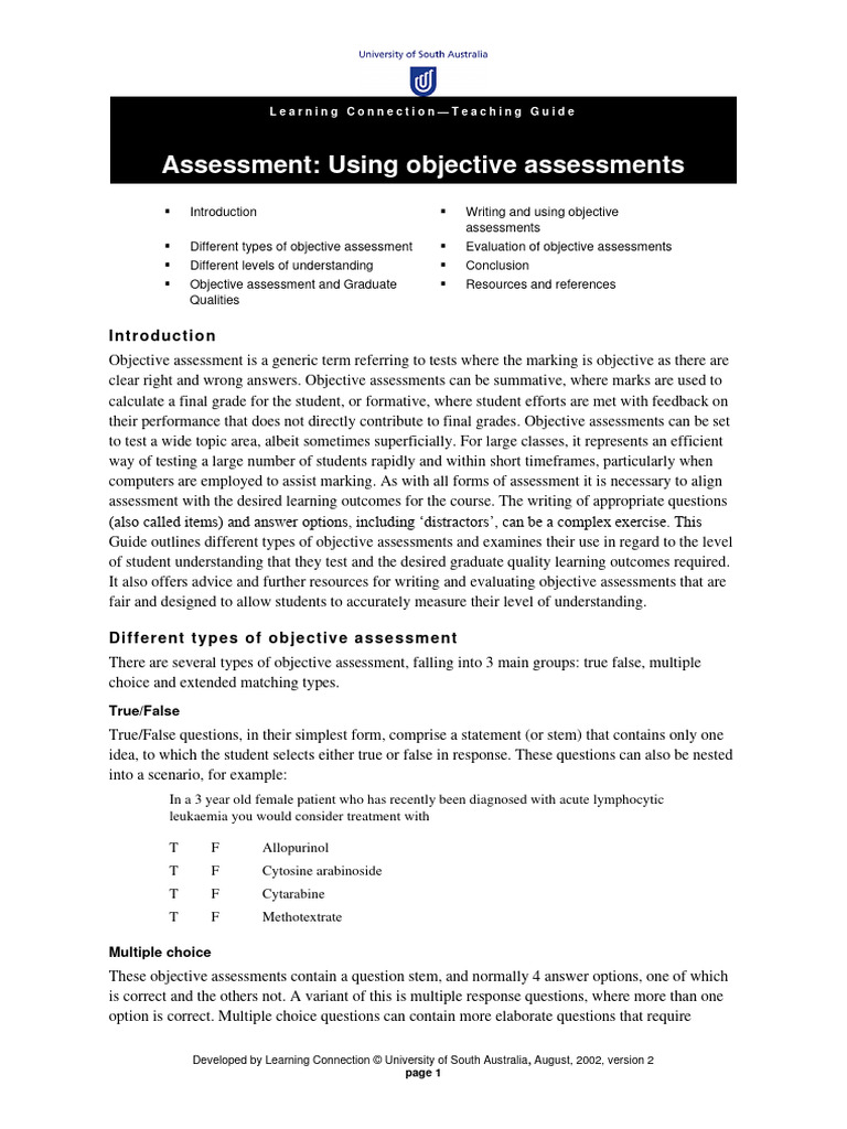 Types - Objective Assessment | PDF | Educational Assessment | Multiple ...