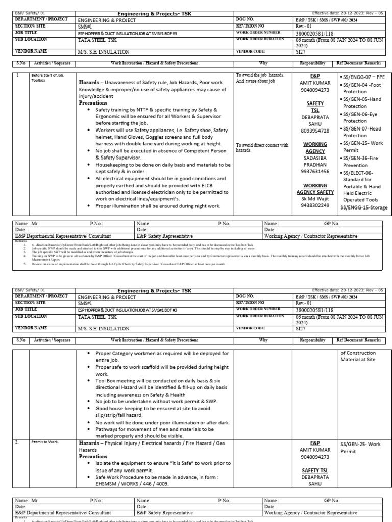 SWP for ESP Hopper Insulation Job | PDF | Occupational Safety And ...