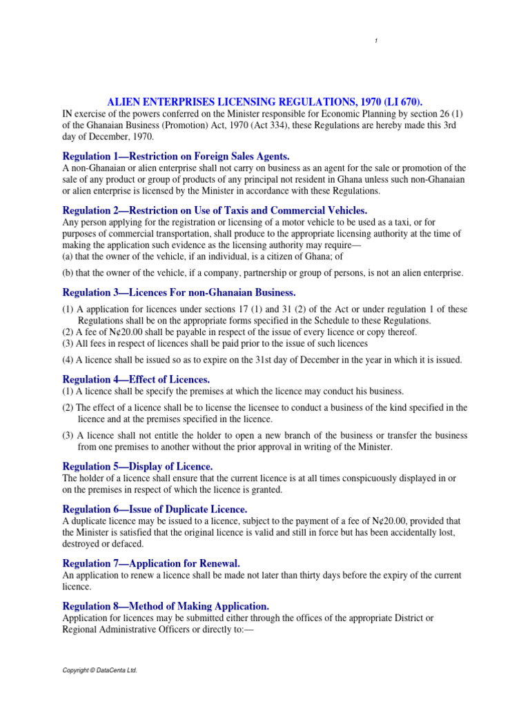 Aliens Enterprises Licensing Regulations, 1970 (L.I 670) | PDF ...