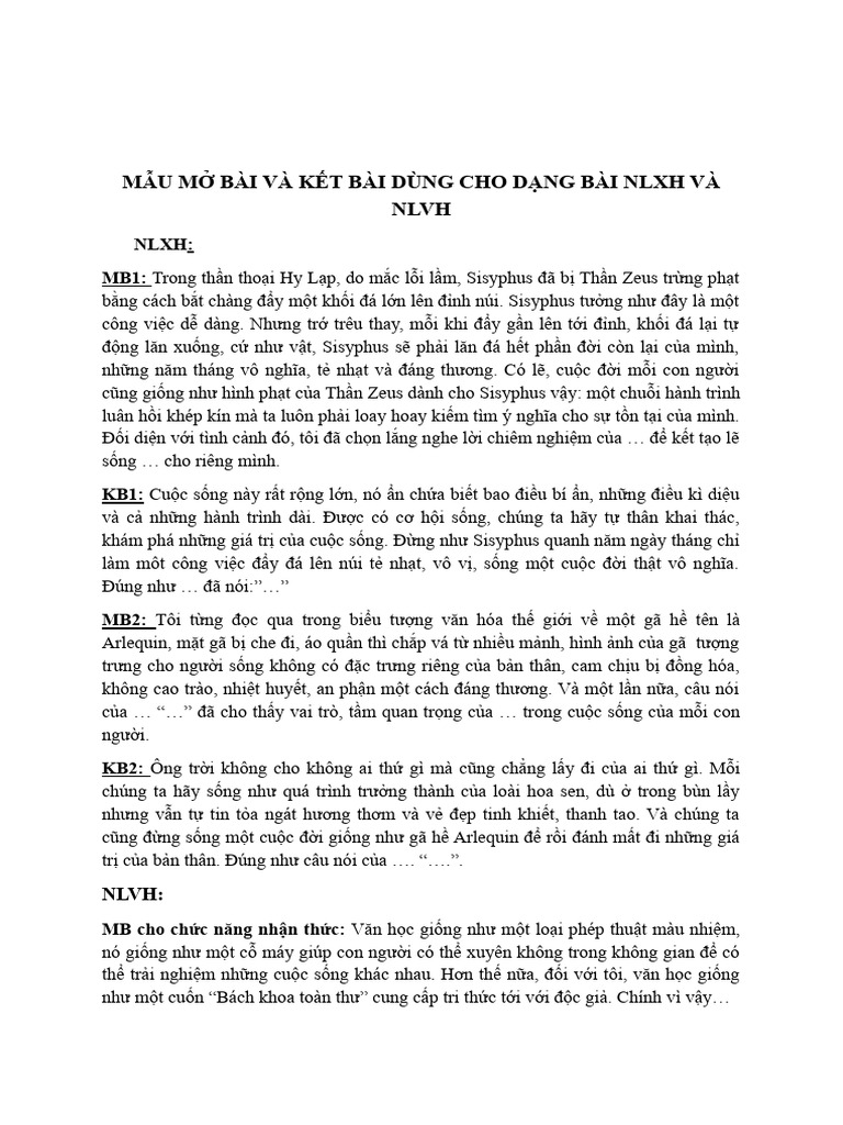 MẪU MỞ BÀI VÀ KẾT BÀI DÙNG CHO DẠNG BÀI NLXH VÀ NLVH | PDF