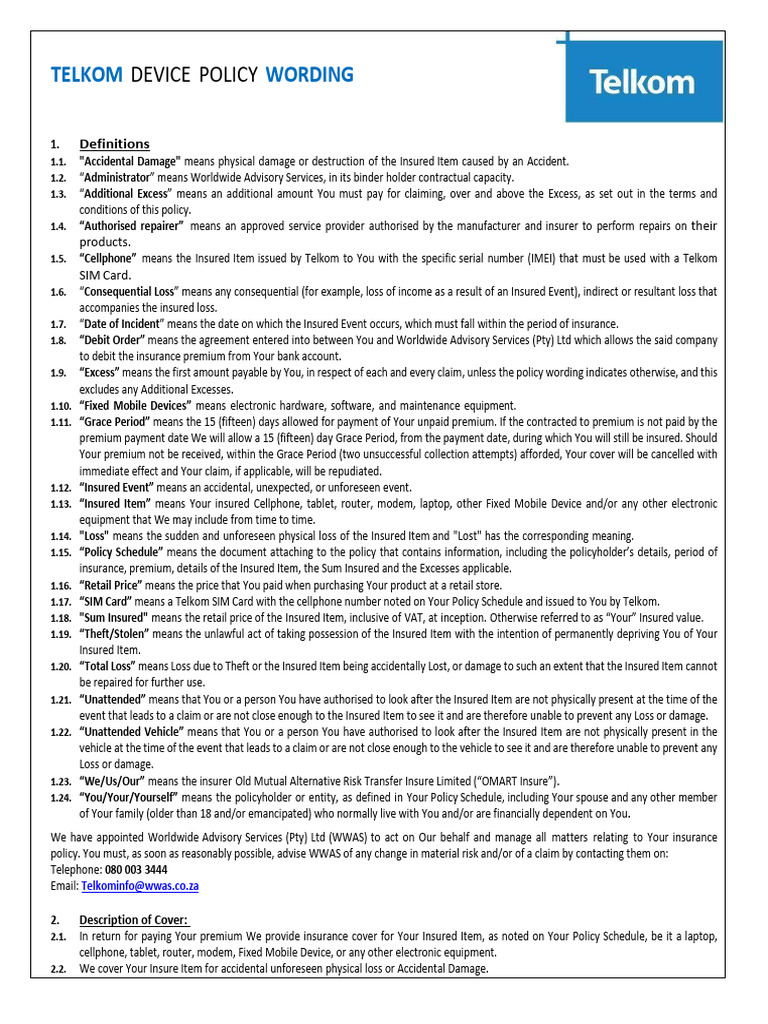 Telkom Device Insurance Policy Details | PDF | Insurance | Mobile Phones