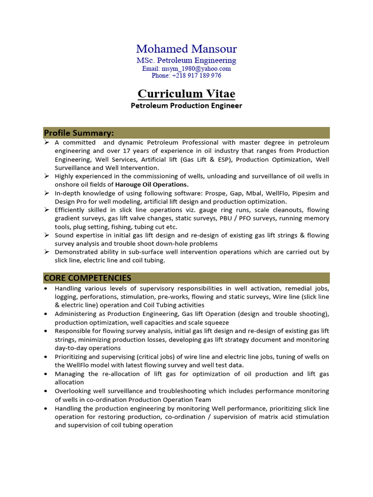 Senior Production Engineer CV Nigeria | PDF | Engineering | Oil Well