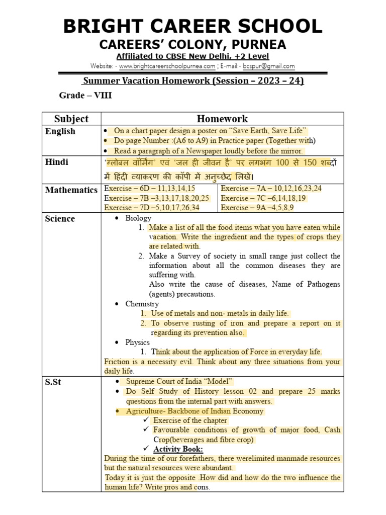 Summer Vacation Homework for Grade 8 | PDF | Threat (Computer) | Html