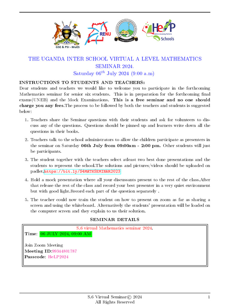 Uganda A-Level Math Seminar 2024 | PDF | Force | Acceleration