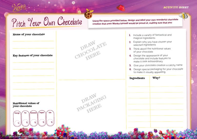 Wonka Pure Imagination Pitch Your Own Chocolate Activity Sheet