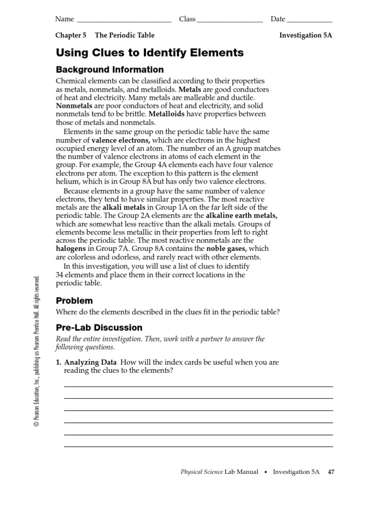 Worksheets Prentice Hall Physical Science Worksheets using clues to identify elements lab chemical periodic table