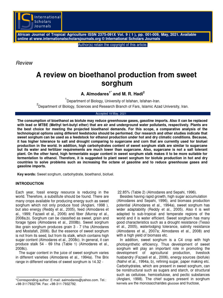 A Review On Bioethanol Production From Sweet Sorghum | PDF | Biofuel ...