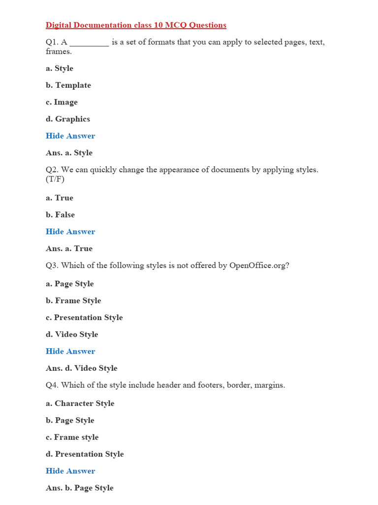 Digital documentation class 10 mcq questions pdf page layout