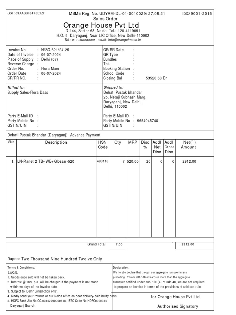 OHPL - SalesOrder N SO 621 24 25 | PDF | Payments