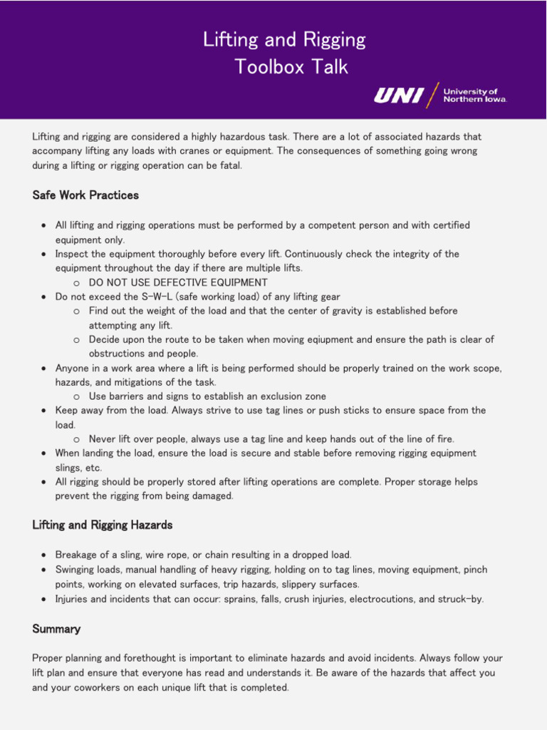 lifting and rigging toolbox talk PDF
