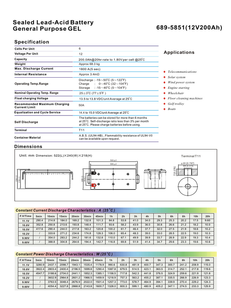 Sealed Lead-Acid Battery General Purpose GEL: Specification | PDF ...
