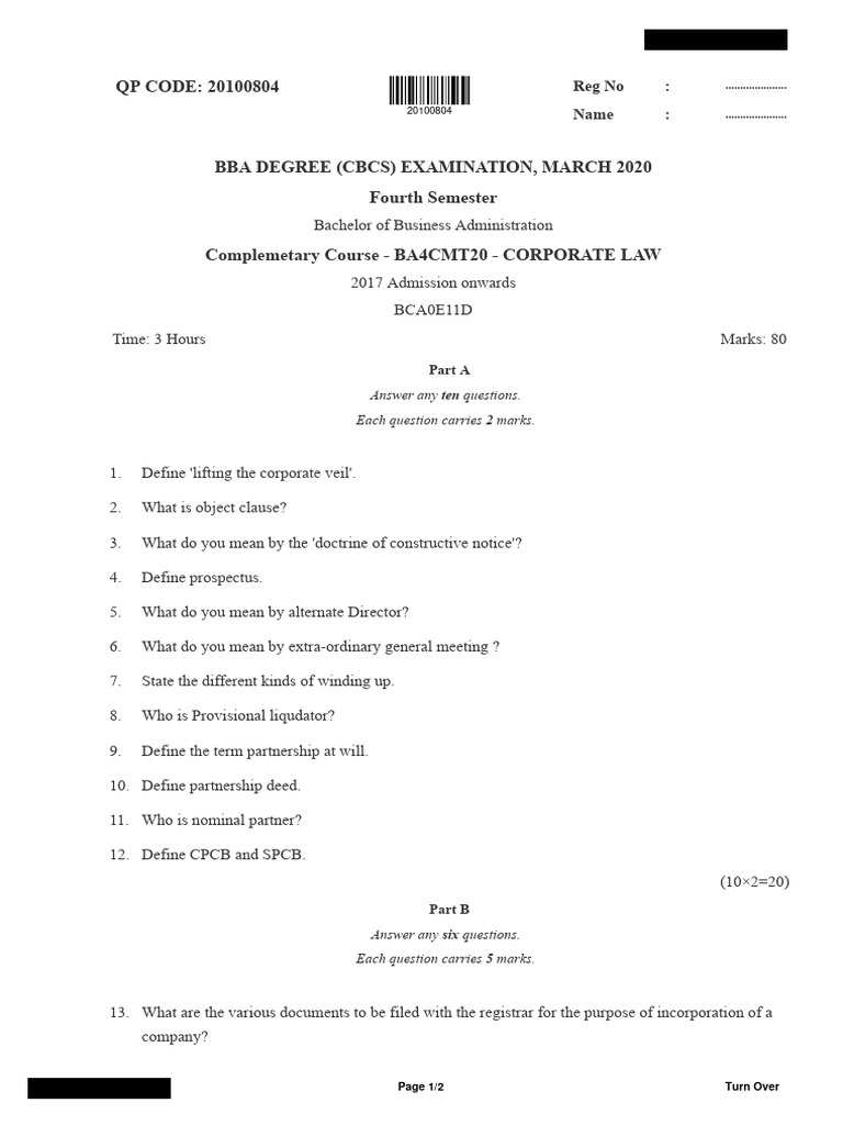BBA Corporate Law Exam Paper 2020 | PDF | Articles Of Association ...