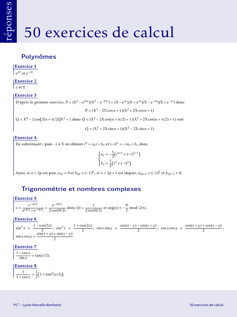50 Exercices de Calcul Mathématique | PDF | Objets mathématiques ...