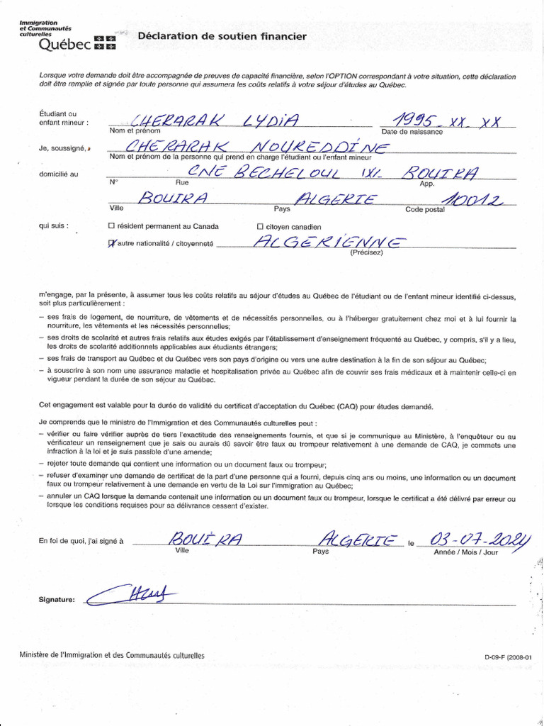 Déclaration de soutien financier pour études | PDF