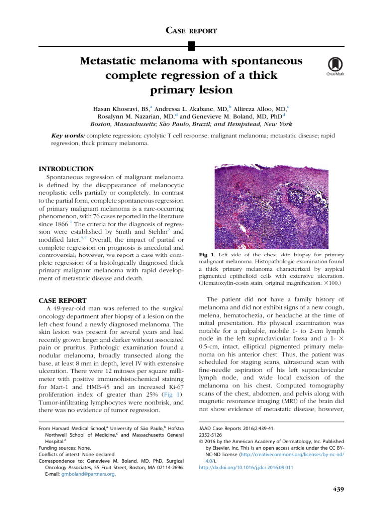 Metastatic Melanoma With Spontaneous Complete Regression of A Thick ...
