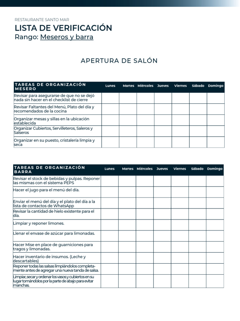 Checklist para Meseros y Barra | PDF | Camareros | Restaurantes
