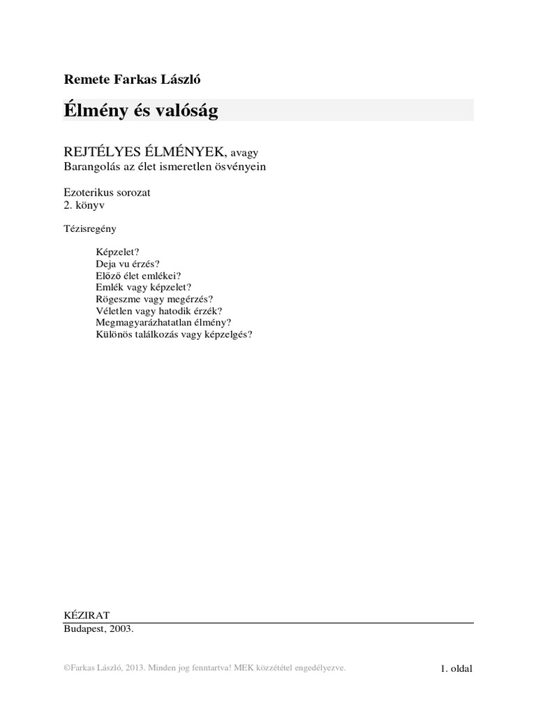 Remete Farkas Laszlo Elmeny Es Valosag | PDF