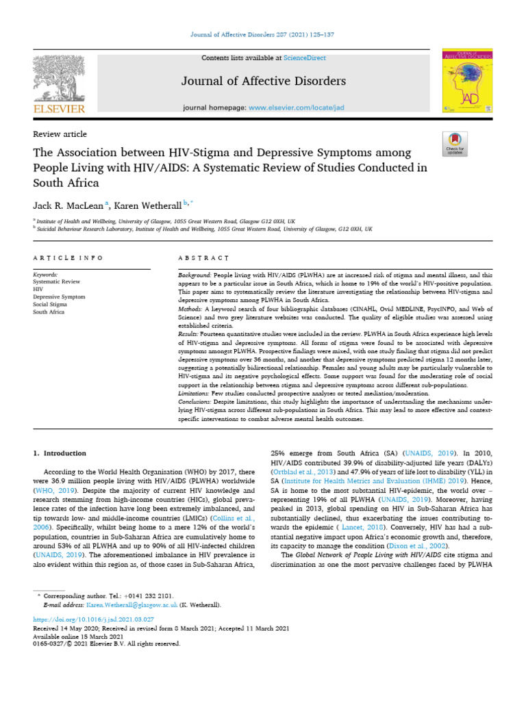 2021 - The Association Between HIV-Stigma and Depressive Symptoms | PDF ...