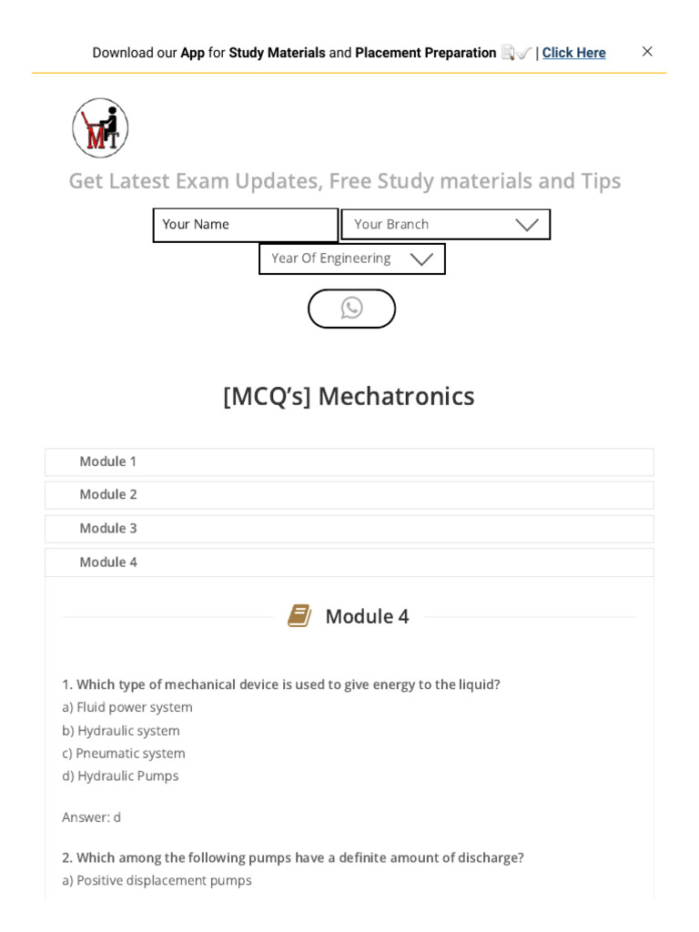 (MCQ'S) Mechatronics - Last Moment Tuitions | PDF | Pump | Actuator