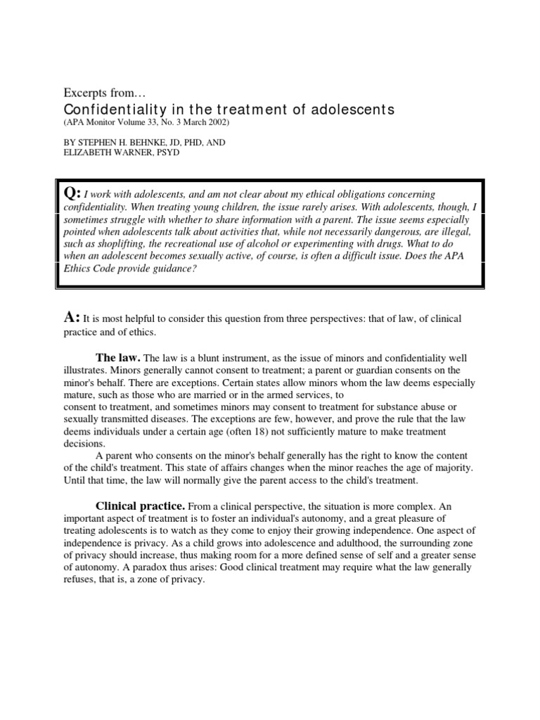 Confidentiality in Treatment Adolescents | PDF | Confidentiality ...