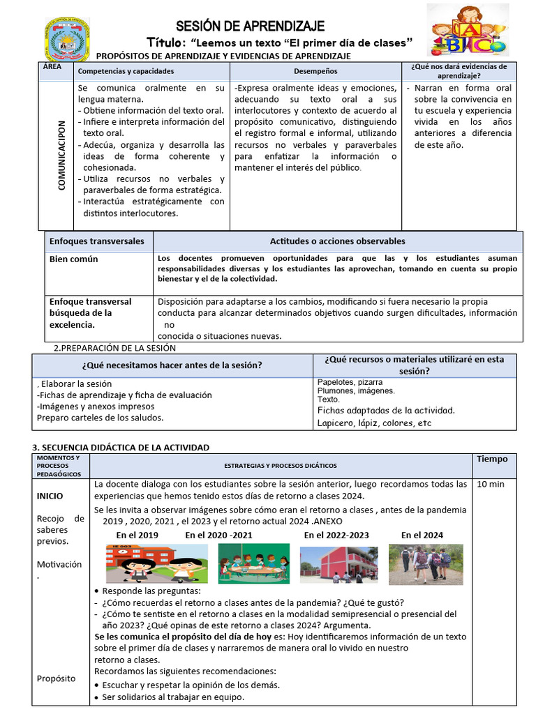Aprendizaje Oral: Primer Día de Clases | PDF | Aprendizaje | Evaluación