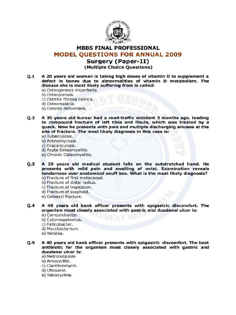 Final Year MBBS UHS Model Paper Surgery-2 MCQs (2007 & 2009) by Medical ...