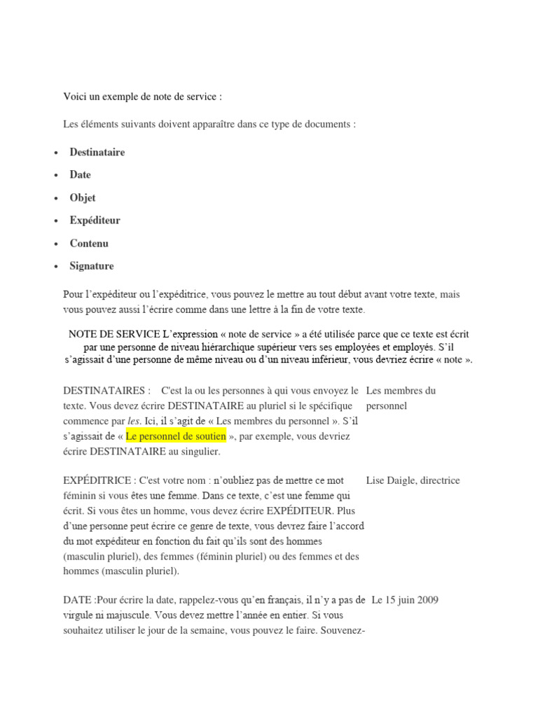 Exemple de note de service concise | PDF | Genre grammatical | Nombre ...