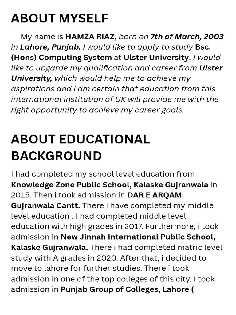 Hamza Riaz's Study Plan at Ulster University | PDF | Expert | Thought