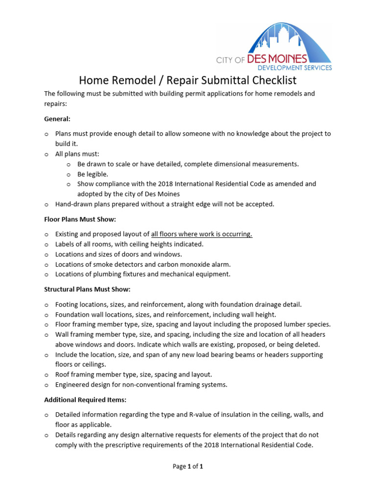 Home Remodel Permit Checklist | PDF | Password | Framing (Construction)
