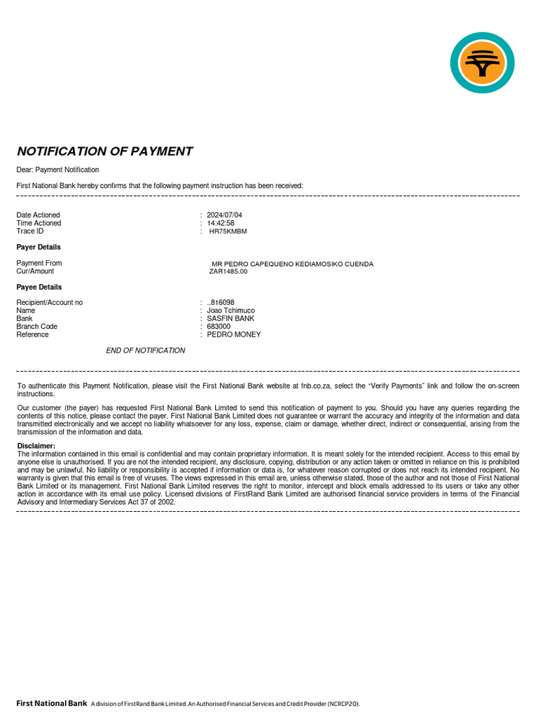 FNB Payment Notification Confirmation | PDF | Payments