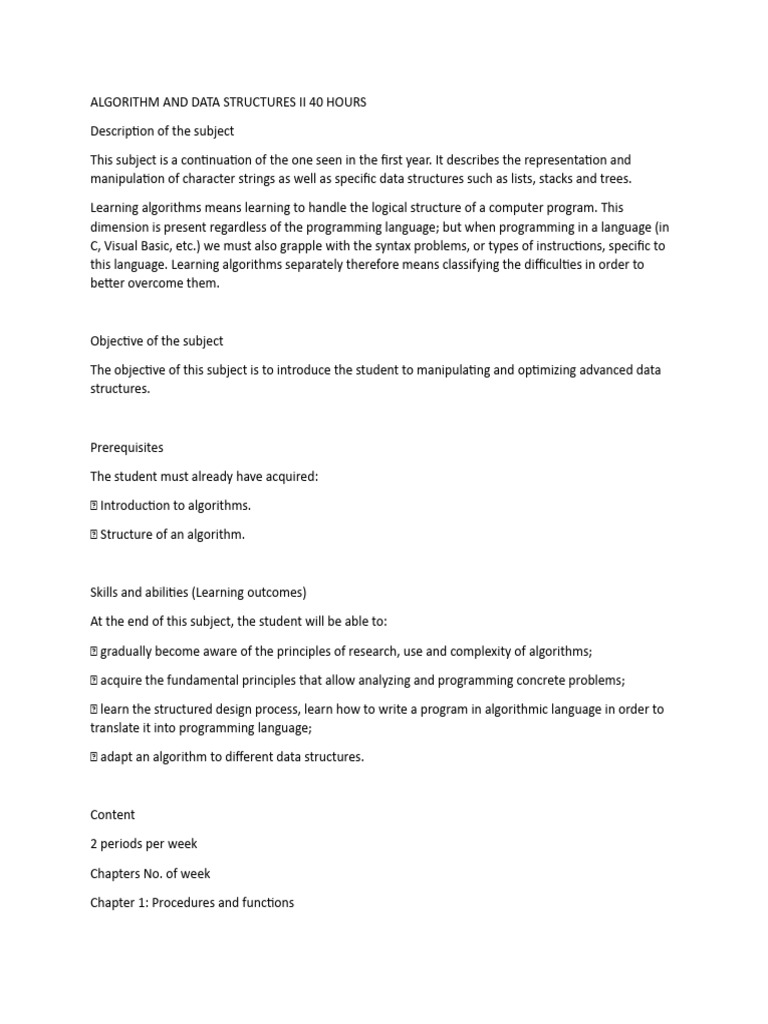 Algorithm and Data Structures Ii 40 Hours | PDF | Algorithms | Computer ...