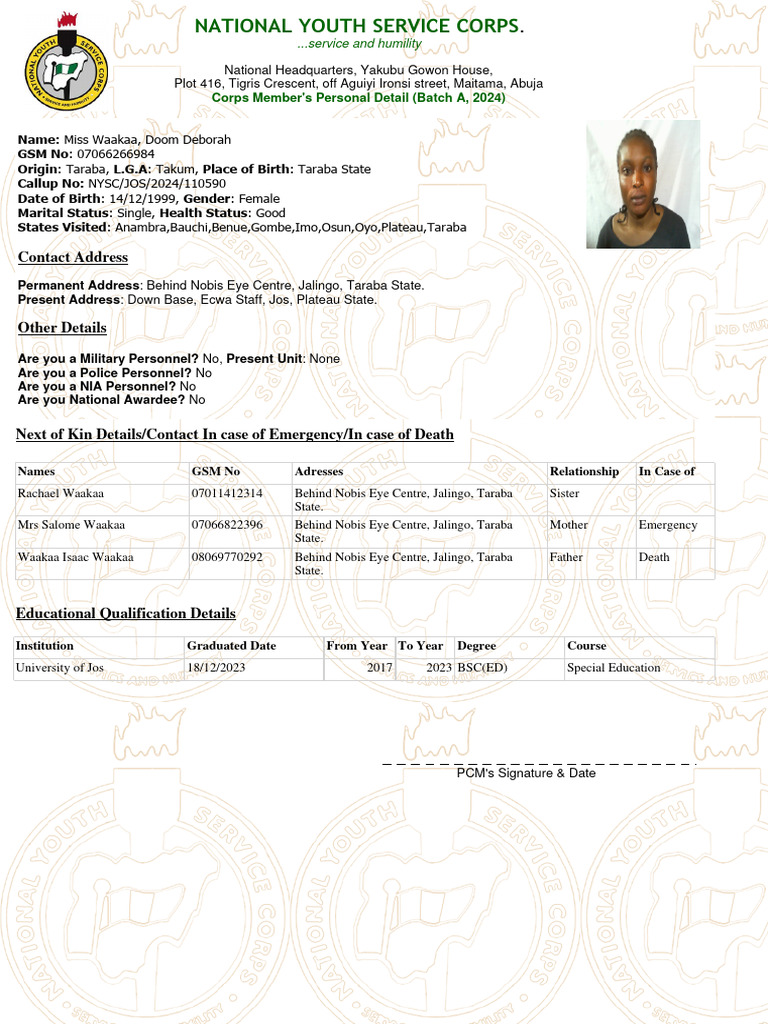 NYSC Green Card Application Details | PDF