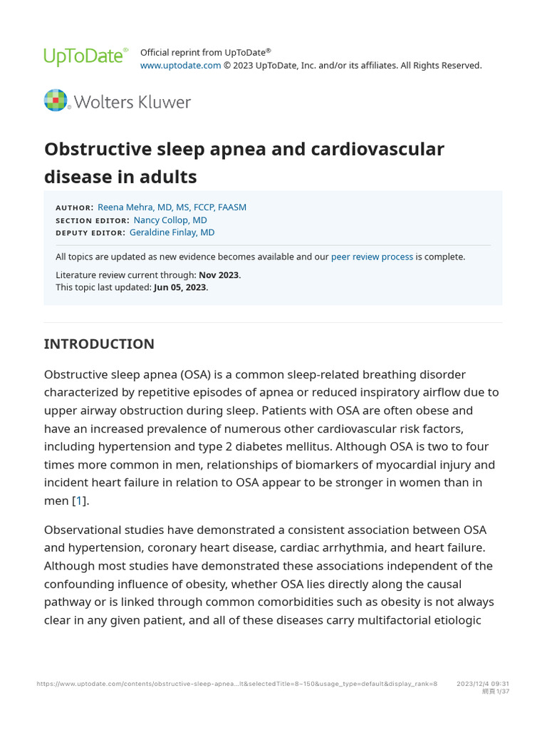 Obstructive Sleep Apnea and Cardiovascular Disease in Adults UpToDate ...