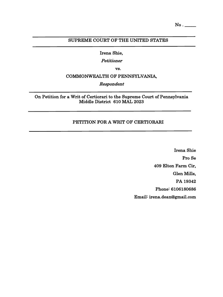 Petition for Writ of Certiorari Irena Shie PDF Certiorari Supreme Petition for Writ of Certiorari Irena Shie PDF Certiorari Supreme