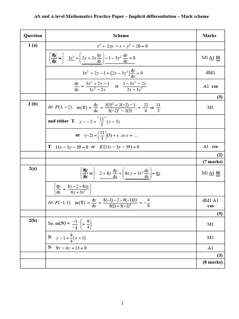 A Level Implicit Differentiation Mark Scheme | PDF | Mathematics ...
