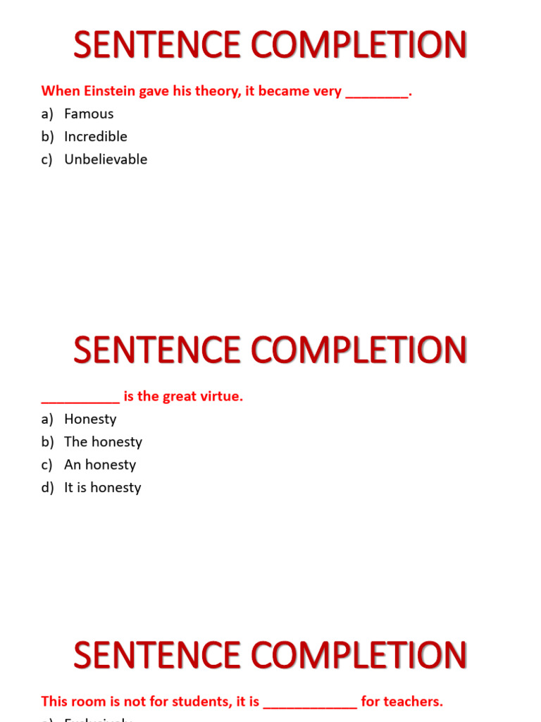 Sentence Completion Exercises | PDF | Language Arts & Discipline ...