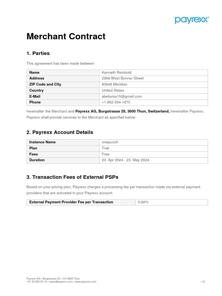 Merchant Contract with Payrexx | PDF | Fee | Business