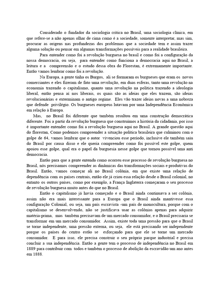 Resumo Do Livro de Florestan Fernandes | PDF | Burguesia | Brasil